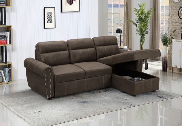 Ashton 96"W Saddle Brown Microfiber Reversible Sleeper Sectional Sofa Chaise - Image 5