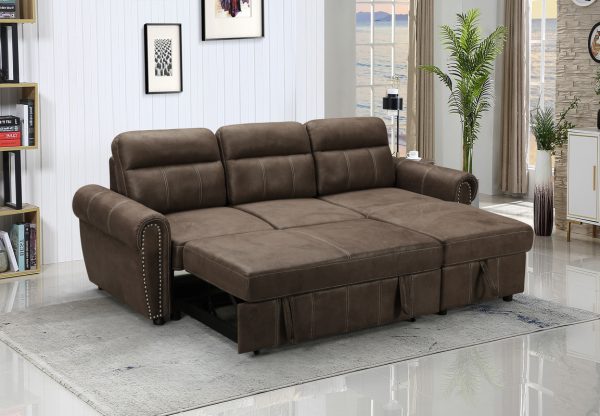 Ashton 96"W Saddle Brown Microfiber Reversible Sleeper Sectional Sofa Chaise - Image 4