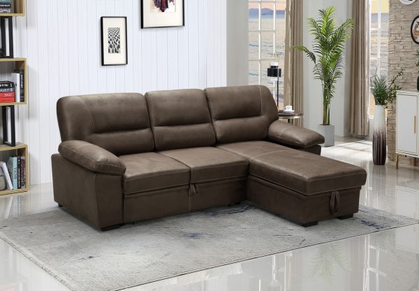 Kipling 99"W Saddle Brown Microfiber Reversible Sleeper Sectional Sofa Chaise