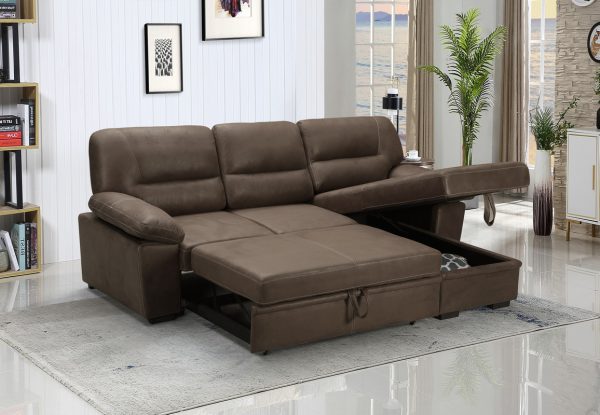 Kipling 99"W Saddle Brown Microfiber Reversible Sleeper Sectional Sofa Chaise - Image 5