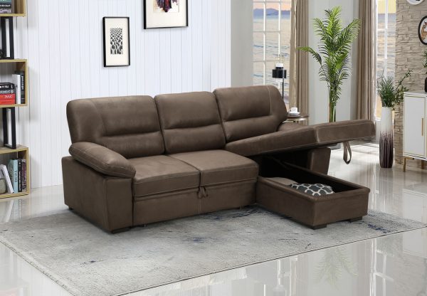 Kipling 99"W Saddle Brown Microfiber Reversible Sleeper Sectional Sofa Chaise - Image 4