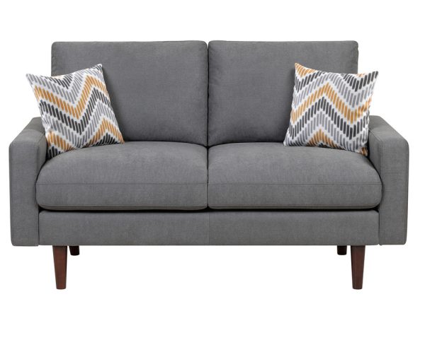 Abella Mid-Century Modern Dark Gray Woven Fabric Loveseat Couch with USB Charging Ports & Pillows - Image 3
