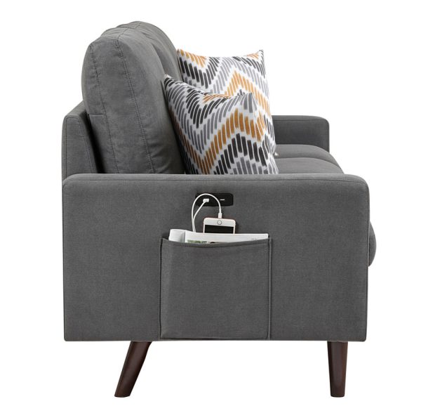 Abella Mid-Century Modern Dark Gray Woven Fabric Loveseat Couch with USB Charging Ports & Pillows - Image 2