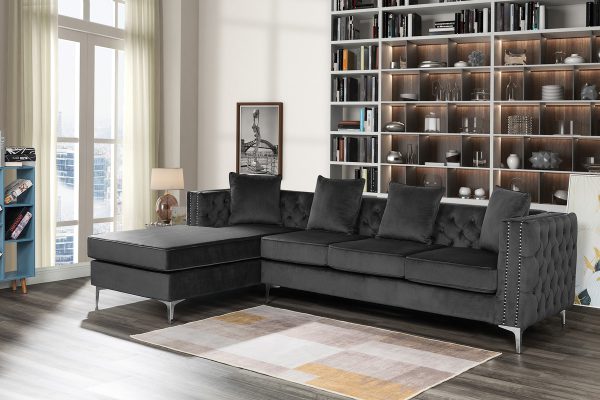 Ryan 109"W Dark Gray Velvet Reversible Sectional Sofa Chaise with Nail-Head Trim