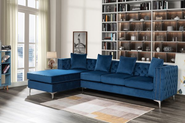 Ryan 109"W Deep Blue Velvet Reversible Sectional Sofa Chaise with Nail-Head Trim