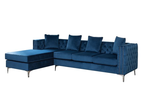 Ryan 109"W Deep Blue Velvet Reversible Sectional Sofa Chaise with Nail-Head Trim - Image 3