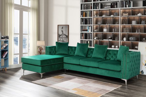 Ryan 109"W Green Velvet Reversible Sectional Sofa Chaise with Nail-Head Trim