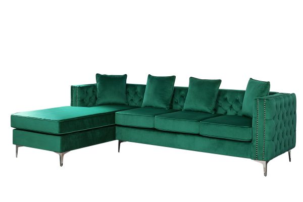 Ryan 109"W Green Velvet Reversible Sectional Sofa Chaise with Nail-Head Trim - Image 3