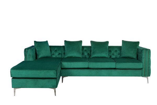 Ryan 109"W Green Velvet Reversible Sectional Sofa Chaise with Nail-Head Trim - Image 2