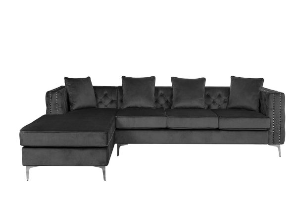 Ryan 109"W Dark Gray Velvet Reversible Sectional Sofa Chaise with Nail-Head Trim - Image 4