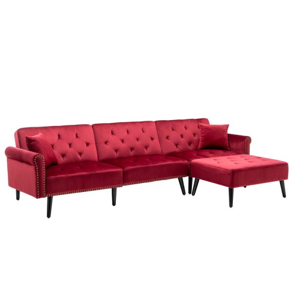 Piper 113"W Jujube Red Velvet Sofa Bed with Ottoman and 2 Accent Pillows