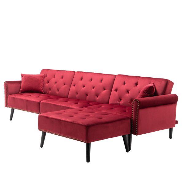 Piper 113"W Jujube Red Velvet Sofa Bed with Ottoman and 2 Accent Pillows - Image 6