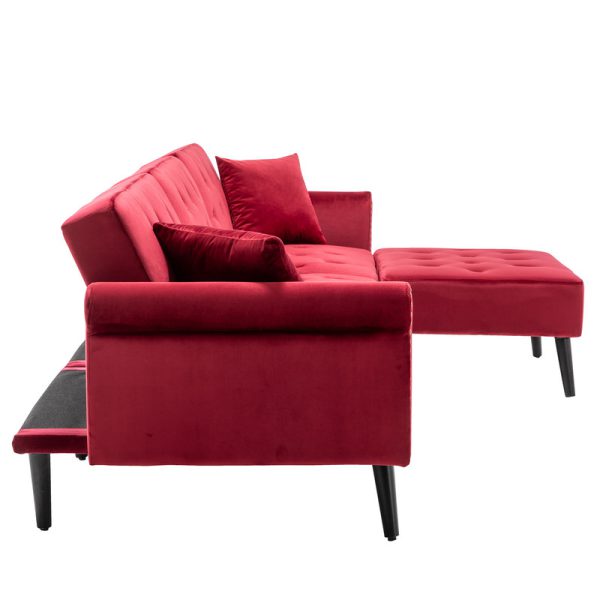 Piper 113"W Jujube Red Velvet Sofa Bed with Ottoman and 2 Accent Pillows - Image 4