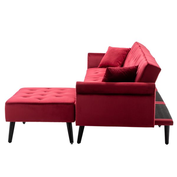 Piper 113"W Jujube Red Velvet Sofa Bed with Ottoman and 2 Accent Pillows - Image 3