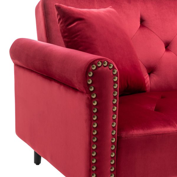 Piper 113"W Jujube Red Velvet Sofa Bed with Ottoman and 2 Accent Pillows - Image 9