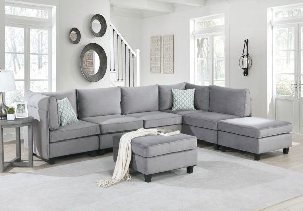 Zelmira 120"W Gray Velvet 7Pc Modular Sectional Sofa