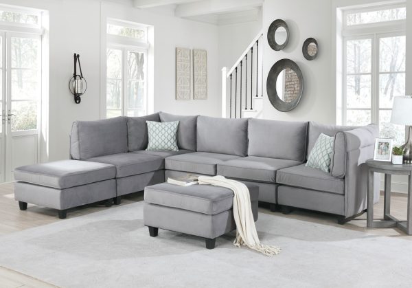 Zelmira 120"W Gray Velvet 7Pc Modular Sectional Sofa - Image 4