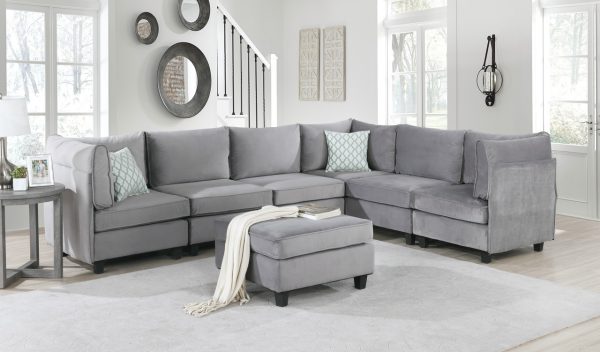 Simona 120"W Gray Velvet 7Pc Modular Sectional Sofa