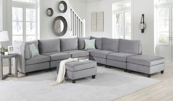 Zelmira 120"W Gray Velvet 8Pc Modular Sectional Sofa