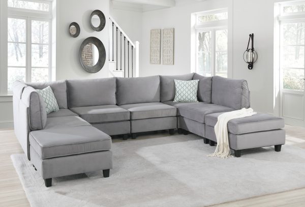 Zelmira 120"W Gray Velvet 8Pc Modular Sectional Sofa - Image 4