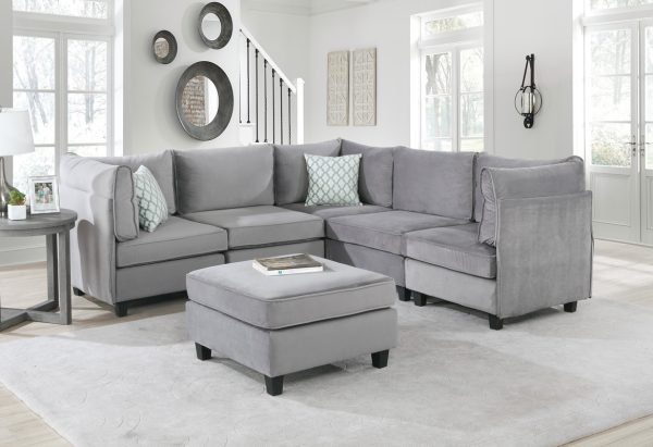 Zelmira 90"W Gray Velvet 6Pc Modular Sectional Sofa