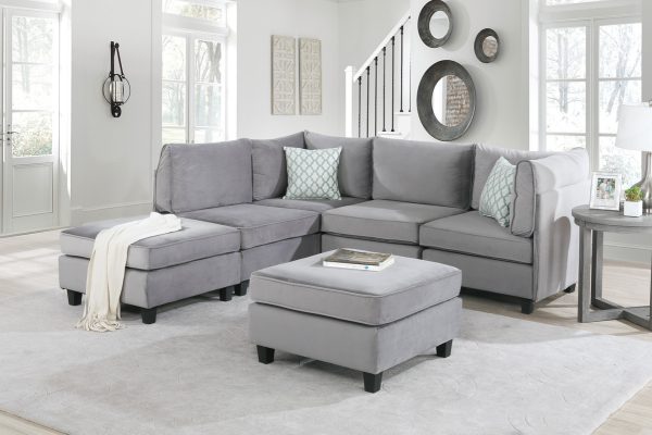 Simona 90"W Gray Velvet 6Pc Modular Sectional Sofa - Image 4