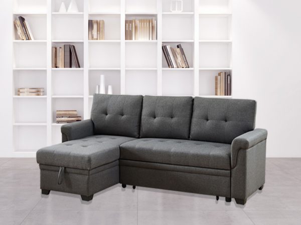 Destiny 84"W Dark Gray Linen Reversible Sleeper Sectional Sofa with Storage Chaise - Image 2