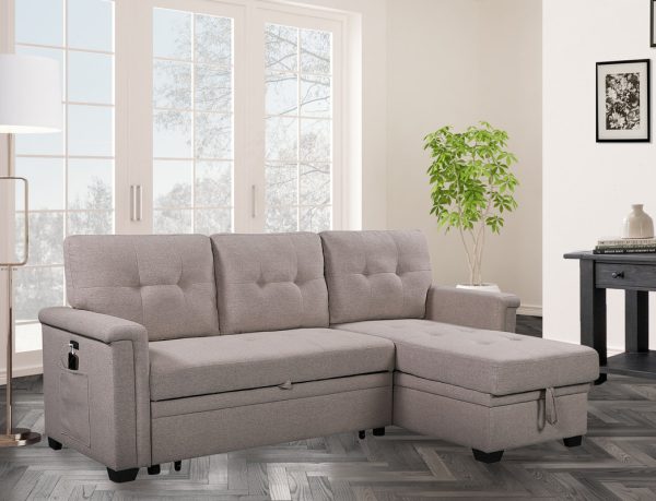Nathan 84"W Light Gray Reversible Sleeper Sectional Sofa with Storage Chaise, USB Charging Ports and Pocket - Image 6