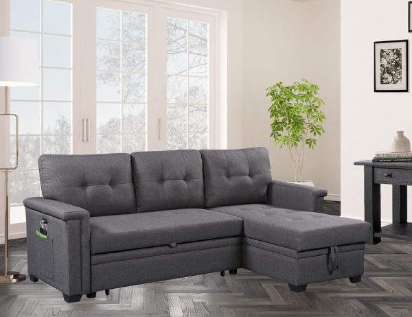 Nathan 84"W Dark Gray Reversible Sleeper Sectional Sofa with Storage Chaise, USB Charging Ports and Pocket - Image 6