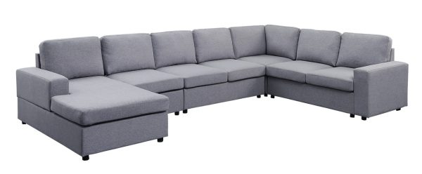 Hayden 146.5"W Light Gray Linen 7 Seat Reversible Modular Sectional Sofa Chaise