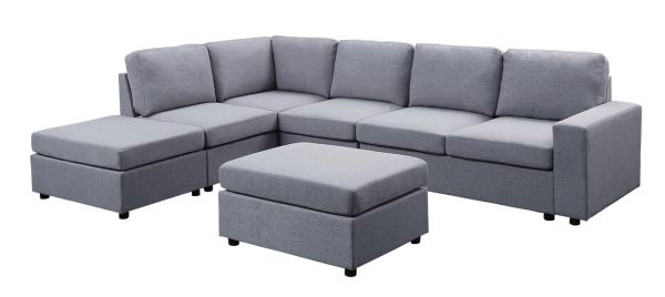 Marley 120"W Light Gray Linen 7 Seat Reversible Modular Sectional Sofa with Ottoman