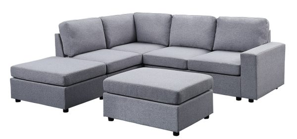 Skye 94"W Light Gray Linen 6 Seat Reversible Modular Sectional Sofa with Ottoman