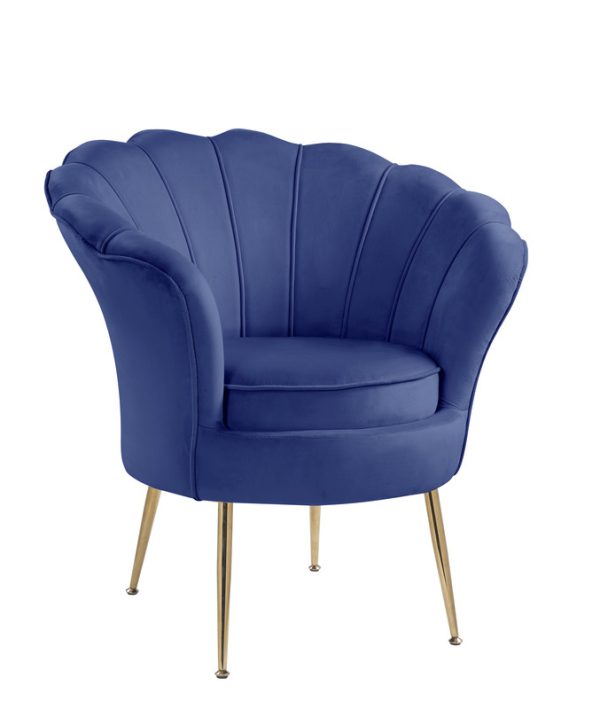 Angelina 34"W Blue Velvet Scalloped Back Barrel Accent Chair with Metal Legs - Image 3