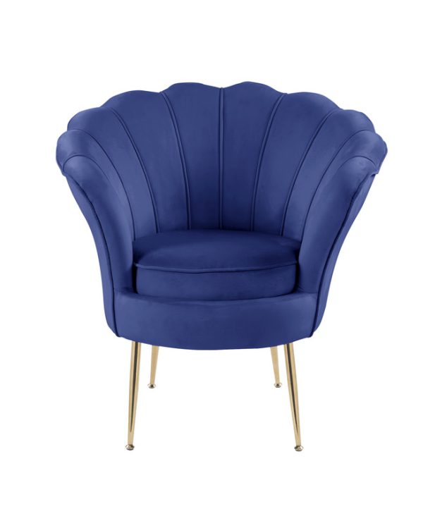 Angelina 34"W Blue Velvet Scalloped Back Barrel Accent Chair with Metal Legs - Image 2