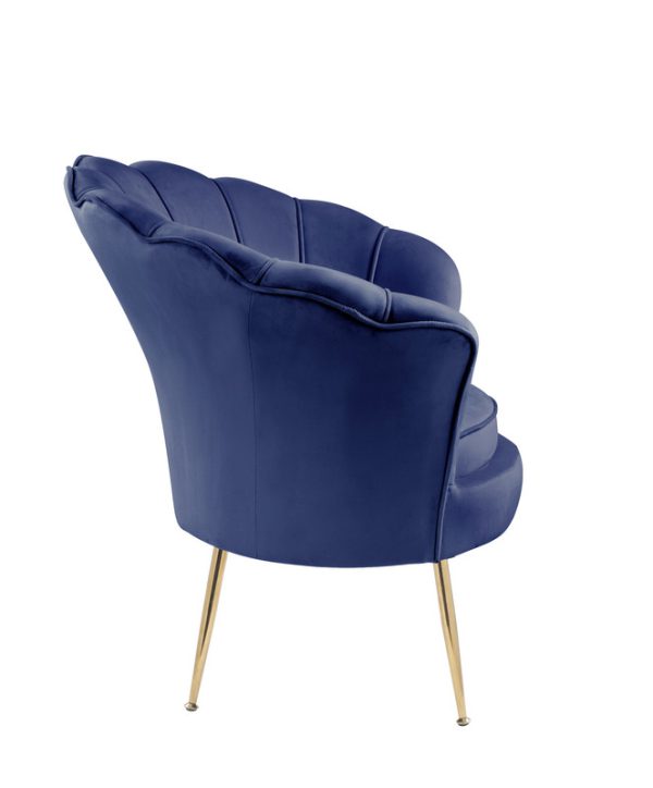 Angelina 34"W Blue Velvet Scalloped Back Barrel Accent Chair with Metal Legs - Image 6