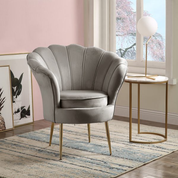 Angelina 34"W Gray Velvet Scalloped Back Barrel Accent Chair with Metal Legs