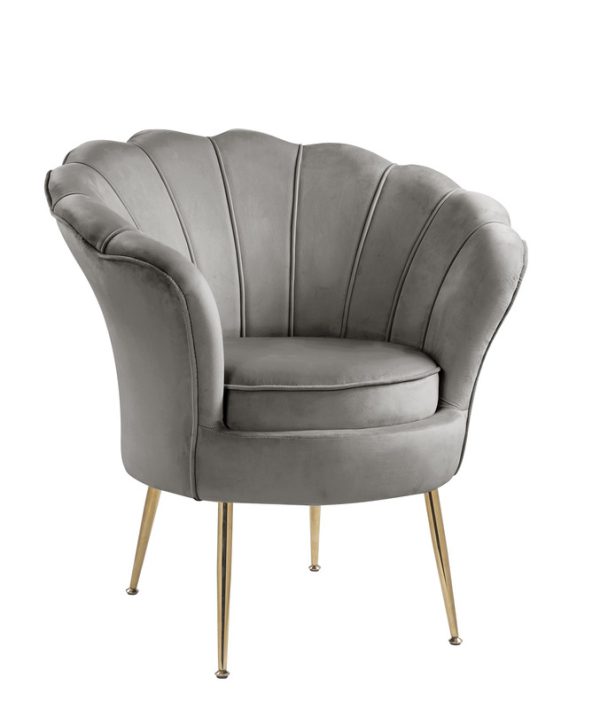Angelina 34"W Gray Velvet Scalloped Back Barrel Accent Chair with Metal Legs - Image 4