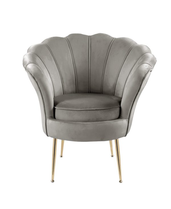Angelina 34"W Gray Velvet Scalloped Back Barrel Accent Chair with Metal Legs - Image 3