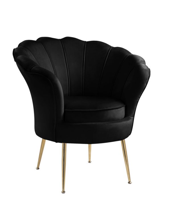 Angelina 34"W Black Velvet Scalloped Back Barrel Accent Chair with Metal Legs - Image 4