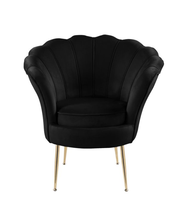 Angelina 34"W Black Velvet Scalloped Back Barrel Accent Chair with Metal Legs - Image 3