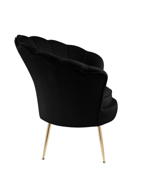 Angelina 34"W Black Velvet Scalloped Back Barrel Accent Chair with Metal Legs - Image 2