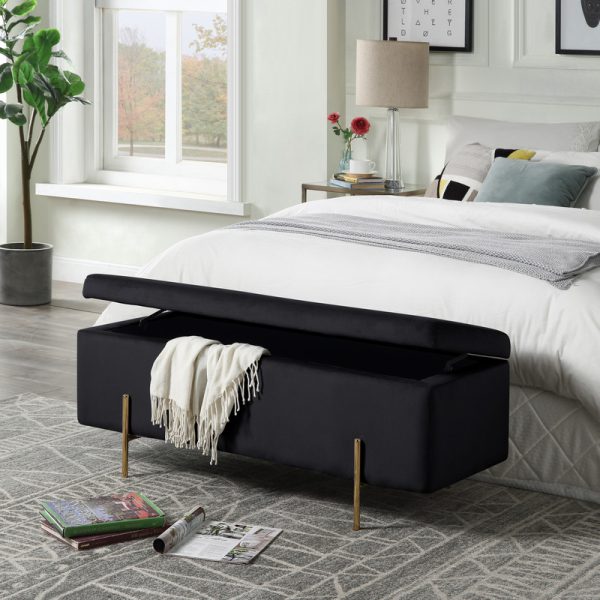 Emma 45"W Black Velvet Storage Bench with Metal Legs