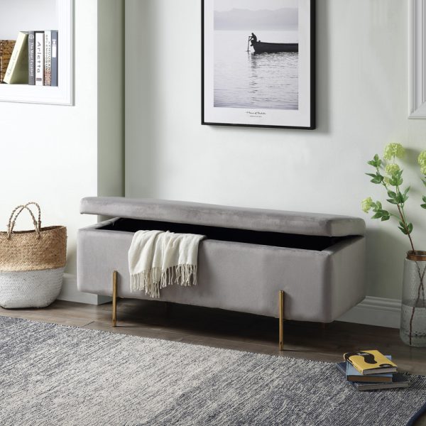 Emma 45"W Gray Velvet Storage Bench with Metal Legs