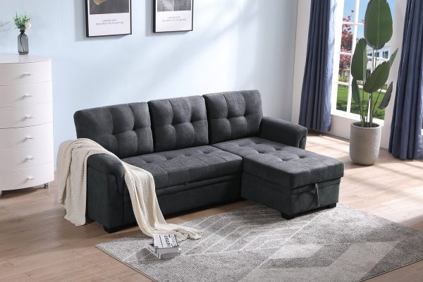 Connor 84"W Dark Gray Fabric Reversible Sectional Sleeper Sofa Chaise with Storage - Image 6