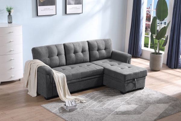 Connor 84"W Gray Fabric Reversible Sectional Sleeper Sofa Chaise with Storage - Image 5