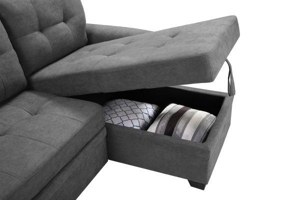 Connor 84"W Gray Fabric Reversible Sectional Sleeper Sofa Chaise with Storage - Image 3