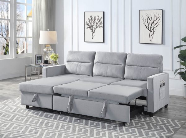 Ruby 81.5"W Light Gray Velvet Reversible Sleeper Sectional Sofa with Storage Chaise and Side Pocket - Image 3