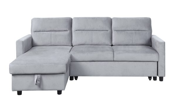 Ruby 81.5"W Light Gray Velvet Reversible Sleeper Sectional Sofa with Storage Chaise and Side Pocket - Image 2
