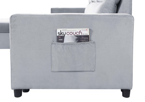 Ruby 81.5"W Light Gray Velvet Reversible Sleeper Sectional Sofa with Storage Chaise and Side Pocket - Image 6