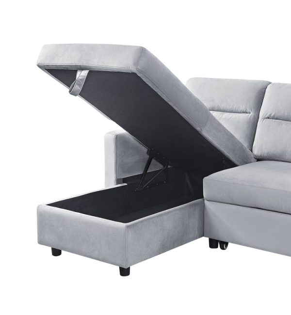 Ruby 81.5"W Light Gray Velvet Reversible Sleeper Sectional Sofa with Storage Chaise and Side Pocket - Image 5
